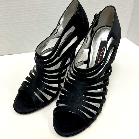 Nina Black Satin Open Toe Heels - Picture 1 of 7